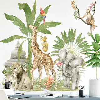 WandSticker4U®- Wandsticker SAFARI II I Wandbilder: 74x86 cm I Wandtattoo Kinderzimmer Wald-Tiere Dschungel Elefant Giraffe Löwe Affe I Wand Aufkleber Baby-zimmer Mädchen & Junge Deko