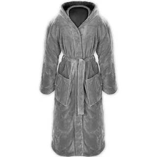 Gräfenstayn Unisex-Bademantel Bademantel Kapuze Flanell Fleece, L Grau, warm & kuschelig, Waden bis Knöchellang, Fronttaschen, Gürtel, S-XXXL grau L | 134 cm