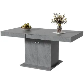 HAUSS SPOLE Esstisch 140/180 x 80 x 76cm Ausziehbarer Esstisch mit Stauraum, Grau (2 Türen), Automatischer Teleskoptisch mit Stauraum,Betonoptik,B140/180*T80*H76cm grau