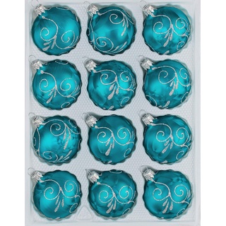 12 TLG. Glas-Weihnachtskugeln Set in 'Ice Petrol-Türkis Silberne Ornamente' - Christbaumkugeln - Weihnachtsschmuck - Christbaumschmuck