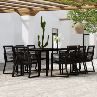 Gecheer 9-TLG. Garten Essgruppe Terrassenmöbel Set 8 Personen Sitzgruppe Gartenmöbel Set Metall Esstisch mit Glas-Tischplatte & 8 Stuhl, Gartengruppe Sitzgarnitur Schwarz