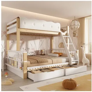 Celya Etagenbett 90x200/140x200 cm mit 2 Schubladen (Ohne Matratze, mit Wolken-Geländer und Zeitschriftenständer), Holz-Familienbett für Kinder und Erwachsene