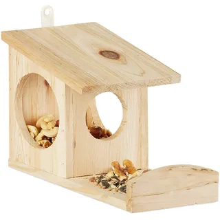 Relaxdays Eichhörnchen Futterhaus zum Hängen, Aus Holz, Wetterfest, HBT: ca. 17,5 x 12 x 25 cm, Natur
