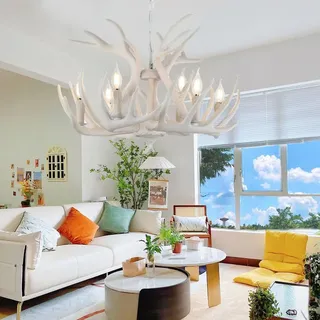Kronleuchter Landhausstil Hirsch Holz Pendelleuchte Industriestil Retro Weiß Harz Eisen Pendellampe 6*E14 Höhe verstellbar Hängelampe Esszimmer Küche Café Bar Deckenbeleuchtung