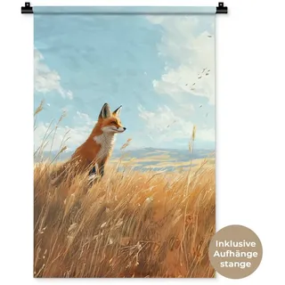 MuchoWow Wandteppich Fuchs - Gras - Wolken - Orange, Rechteckig, Höhe: 3 mm, Wandtuch, Wohnzimmer Deko, 60x90 cm Rechteckig | 60 cm x 90 cm x 3 mm