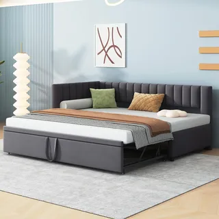 Merax Schlafcouch Ausziehbar 90 x 200 cm und 90 x 190 cm, L-Form Klappsofa mit Lattenrost, Couch Bett 2 Sitzer mit Schlaffunktion, Samtstoff, Dunkelgrau (Ohne Matratze)