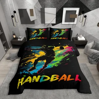 Homewish Handball Bettwäsche Set 155x220 Regenbogenkugel Bettbezug für Jungen Teenager Männer Tinte Splash Graffiti Sport Schwarz Rot Tealblau Tröster Abdeckung Warm Weich Bett Set