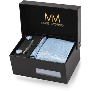 MASSI MORINO Krawatte Paisley Hellblau mit Einstecktuch Set Herren inkl. Manschettenknöpfe, Krawattennadel und Geschenkbox - Männer Krawattenset zur Hochzeit - Einheitsgröße