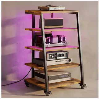 XERSEK TV-Regal HiFi Rack TV Rack mit Rädern und 2 RGB LED Lichter, 5 Etagen Plattenspielerständer aus Holz und Metall, mit Steckdosenleisten Verstellbaren Ablage, 60 x 52 x110 cm