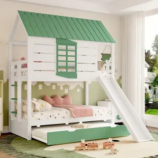 Haus-Etagenbett 90x200 mit Rutsche und Ausziehbett, verspieltes Hochbett fürs Kinderzimmer, Weiß+Grün - Grün