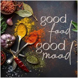 STYLER Küchenbild Mood 30 x 30 cm I Good Food Good Mood I Glasbild mit Gewürzen und Kräutern I Bild für Küche & Esszimmer I Deko Wandbild rustikal I Moderne Küchenbilder Set