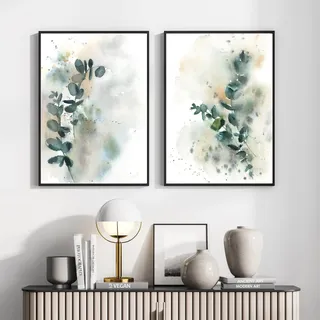 OTURRI Aquarell-Eukalyptus-Wandkunst abstraktes Bild modernes Poster grüne Blätter Leinwandmalerei minimalistisch Wohnzimmer Schlafzimmer Dekoration 50 x 70 cm x 2 ungerahmt