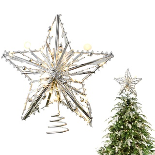 Weihnachtsbaumspitze Stern Silber mit LED-Lichterkette, Kreative 3D Christbaumspitze Weihnachten Baumspitze Deko, Weihnachtsverzierung, Weihnachtsbaum Stern für Zuhause Büro Weihnachtsbaumschmuck