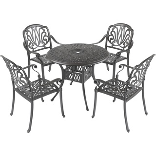 Matybobe 5-teiliges Outdoor-Möbel-Esstisch-Set, wetterfeste Terrassenmöbel aus Aluminiumguss, inklusive 1 rundem Tisch und 4 Stühlen mit Schirmloch für Terrasse, Garten,Terrasse, Gittergeflecht-Design