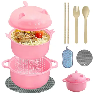 LETTERASHQP Microwave Ramen Bowl, Ramen Schüssel Set Instant Noodle Bowl mit Griffen Instant Ramen Schüssel mit Deckel und Löffel tragbarer Mikrowellen Ramen Kocher (C)