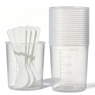 20 Stück Präzisions Messbecher 100ml, Kleiner Messbecher Präzisions Maßstab | Kunststoff Measuring Cup mit 10 Stück Rührstäben Wiederverwendbar