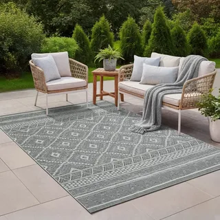 the carpet Calgary - Outdoor Teppich Wetterfest für Balkon & Terrasse, Robuster Flachgewebe Teppich für Garten, Pflegeleicht In- & Outdoor, Boho Vintage Design, Grau-Raute, 300 x 400 cm