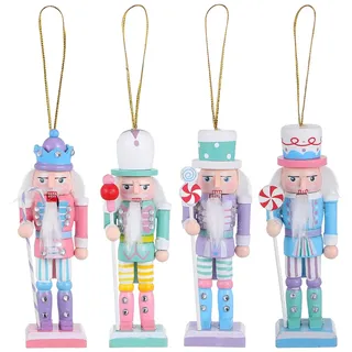 Gatuida 4er Set Nussknacker Figuren Aus Holz – 12 cm Hohe Weihnachtsdeko FüR Den Christbaum, Traditionelle Nussknacker AnhäNger in Rosa Und Pastell