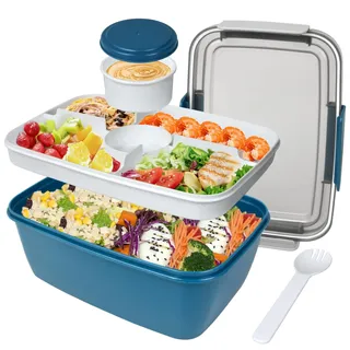 Salatbehälter, 2000 ml große Salat-Lunchbox für Erwachsene, auslaufsichere Salatschüssel Bento-Boxen mit 5 Fächern Tablett, Deckel, Dressing-Töpfe, Besteck für Arbeit, Picknick, verpackte