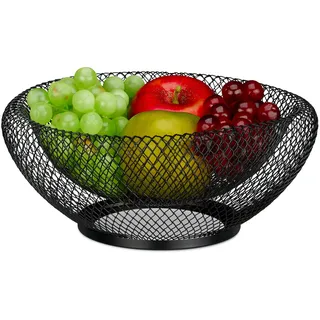 Relaxdays Obstschale Metall, runder Obstkorb, doppelwandig, 10 x 25 cm, Drahtkorb für Früchte & Gemüse, schwarz