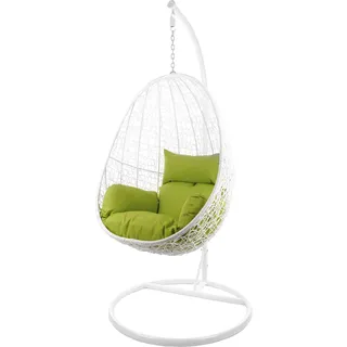 Kideo Komplettset: Hängesessel mit Gestell & Kissen, Lounge-Möbel, Poly-Rattan (Gestell- und Korbfarbe: weiß, Kissen: grün Nest (6068 Apple Green))