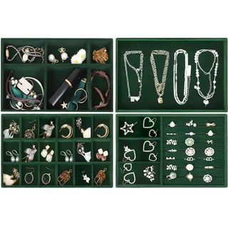 Lighterday Schmuckaufbewahrung Schublade,4 Stuck Schmucktablett,SchmuckkäStchen Schmuck Organizers Samt Stapelbar,Jewelry Organizer für Schmuck,Ohrringe,Armband,Ringe Aufbewahrung (Grün)