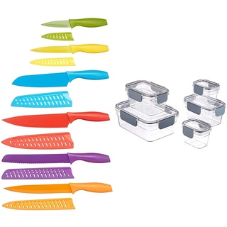 Amazon Basics - Messer-Set, bunt, 12-teilig & Tritan-Frischhaltedose mit Verschluss (5 dosen + 5 deckeln)
