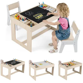 FANTASK 3-in-1 Kindertisch mit 2 Stühlen, Kindersitzgruppe mit Stauraum, Wendbare Tischplatte & Abnehmbare Trennwände, Basteltisch Maltisch Spieltisch für Kinder ab 3 Jahren (Natur)