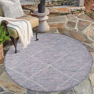 Outdoorteppich CARPET CITY "PALM3075", blau (blau, pink), H:5mm Ø:160cm, Polypropylen, Teppiche, Outdoorteppich, Wetterfest & UV-beständig, für Balkon, Terrasse, Küche, flach gewebt