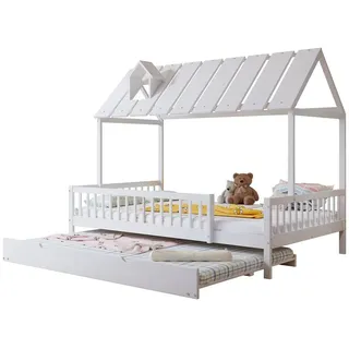 Sweiko Kinderbett Hausbett Hochbett Gästebett Etagenbett (Jugendbett, mit 3-seitigem Gitter,mit Rollbett,Dach mit Kaminleiste, 120x200/190cm,Kiefer+MDF), Weiß,ohne Matratze weiß