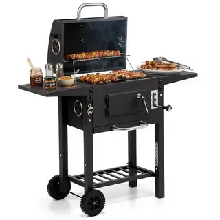 kehot Holzkohlegrill Holzkohlegrill Grillwagen mit Deckel und Grillfläche 45,5x30 cm, BBQ Grillwagen mit 2 Seitenablagen und Ablagegitter unten, Mobiler Holzkohlegrill auf Rollen für Garten Balkon und Camping, Stabiler Outdoor Grill aus lackiertem Stahl mit verchromtem Grillrost silberfarben