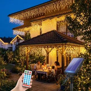 Solar Eiszapfen Lichterkette 15,6M 480LED Warmweiß 13 Modi Fernbedienung Außen
