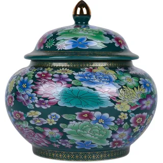 Klassisches Ingwerglas aus Emaille, handgefertigt, von Yuan und Ming Dynastie inspirierte Designs, lebendige Blumenmotive auf Keramikvase, dekoratives und funktionales Glas mit Deckel (Blumengrün)