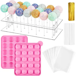 CLUEWR Cake-Pop-Form-Set, komplettes Set mit 1 x 20 Mulden, Silikon-Kuchenform, 21 Löcher, transparenter Acryl-Lutscher-Halter, 100 x transparente Beutel, 100 x Stäbchen und 100 x Bindebänder
