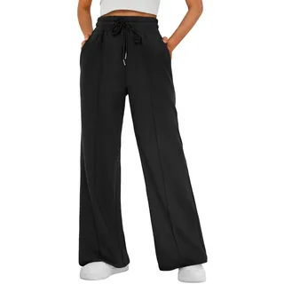 Jogginghose Damen Weite Sporthose Lang Loose Casual Yoga Hosen High Waist Weites Bein Hose mit Elastischer Taille Freizeithosen Hohe Trainingsanzug Hosen Baggy Sweathose Mit Taschen (L) - L