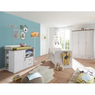 möbel-direkt.de Babyzimmer-Komplettset Lucain Pinie Weiß und Trüffel Landhaus, (Komplett Set, 3-tlg., Kleiderschrank, Babybett, Wickelkommode, Regale), höhenverstellbares Lattenrost, Schlupfsprossen weiß