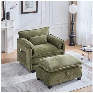 BlingBin Relaxsessel Loungesessel Polsterstuhl Sessel mit Fußstütze (1er Set, 1-St., Relaxsessel mit Hocker, 103x85x91cm), Samt-Loungesessel mit Seitentaschen und Kissen, für Wohnzimmer grün