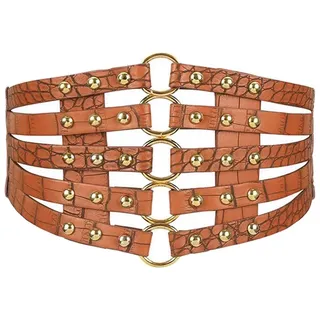 MEGAUK Damen Leder Gürtel Breit Nieten Gürtel Elastischer Taillen Gürtel Vintage Nietengürtel Hüftgürtel Bindegürtel Lolita Korsett mit Ring Schnalle Design (Khaki) - Taillenumfang 69-85cm