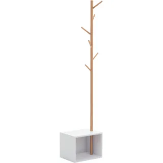 HOMCOM Garderobenständer Kleiderhaken Garderobe mit Sitzbank + Stauraum Baum-Design Zweige 6 Haken MDF + Bambus Weiß + Natur 40 x 30 x 180 cm