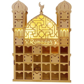 Adventskalender 2022 Ramadan-Dekorationen, Ramadan-Countdown-Kalender DIY Schubladen-Countdown-Kalender beleuchtet Eid Mubarak-Adventskalender aus Holz Ramadan muslimische islamische Tischdekoration