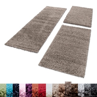 Unbekannt Shaggy Hochflor Teppich Carpet 3TLG Bettumrandung Läufer Set Schlafzimmer Flur, Farbe:Taupe, Bettset:2x80x150+1x80x250