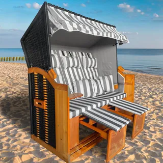BRAST® Strandkorb Ostsee 3-Sitzer XL für 2-3 Personen | 155cm breit | 2 Designs | Tragkraft bis zu 500kg | verstellbare Rückenlehne | Grau/Weiß - gestreift