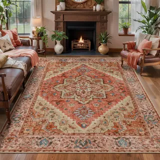 Tangsoo Vintage-Teppich für Wohnzimmer, Terracotta, 4'x6', rutschfest, waschbar, weicher Niederflor-Teppich, faltbarer Bodenteppich für den Innenbereich
