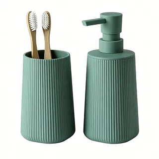 GAHEFY 2-teiliges Badezimmer-Accessoire-Set, Seifenspender mit 250 ml & Zahnputzbecher, Modernes Rillen-Design aus ABS-Kunststoff, für Waschbecken & Badablage (Grün)