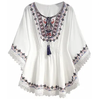 Leinenbluse Damen Summer - T Shirt V Ausschnitt Vintage Bluse Damen Elegant Boho Ethnic Stil Stickerei Muster mit Spitze Trim Tunika Große Größen Top Lockere Lässige Blusen & Tuniken für Damen