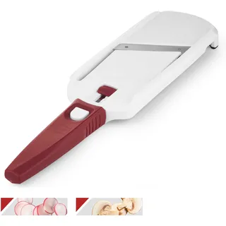 Börner Multi Slicer Gemüseschneider • Gemüsehobel für Scheiben in 2 Schnittstärken • Vegetable Slicer für Obst & Gemüse • Kompakter Mini Küchenhobel • Farbe: Weiß mit rotem Griff