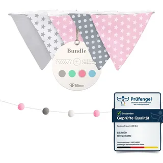 lilime® Wimpelkette Inkl. GRATIS Girlande ideal für Dekoration im Kinderzimmer - Unsere Wanddeko für Dein Kind - Super süße Deko für jedes Babyzimmer (1.9M/Grau-Weiß-Pink)