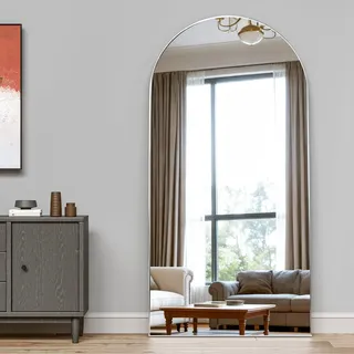 CASSILANDO Bogen-Ganzkörperspiegel, 180x80cm Bodenspiegel, Bodenspiegel Freistehender Ganzkörperspiegel mit Ständer für Schlafzimmer, Hängender montierter Spiegel für Wohnzimmer Garderobe, Silber