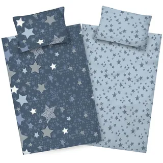 Aminata kids Biber Kinder-Bettwäsche 100x135 cm Sterne 100% Baumwolle blau | Kinder-Wende-Bettwäsche-Set mit Reißverschluss 100x135 40x60 cm - Stern-Motiv - warm weich & kuschelig