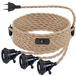 Hanfseil Pendellampe Kit, Lampenfassung Pendelleuchte mit Stecker, E27 Vintage Lampenkabel mit Schalter, Lampenkabel HäNgende Leuchte mit 3 Flammig, DIY Retro Hängelampe für Dining Hall Home